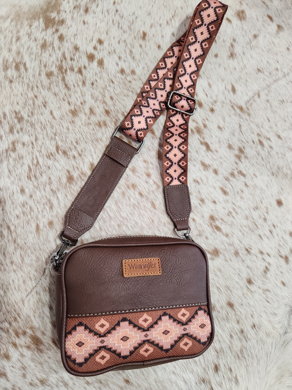 Wrangler Brown Crossbody with Pink Patterned Strap